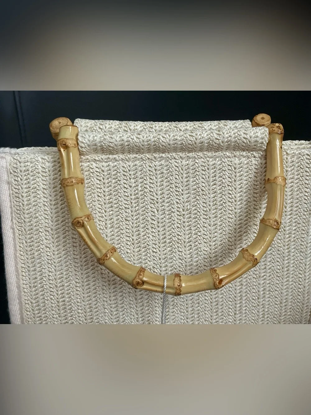 Tommy Bahama Cream Woven Raffia Tote with Bamboo Handles & Crossbody Chain